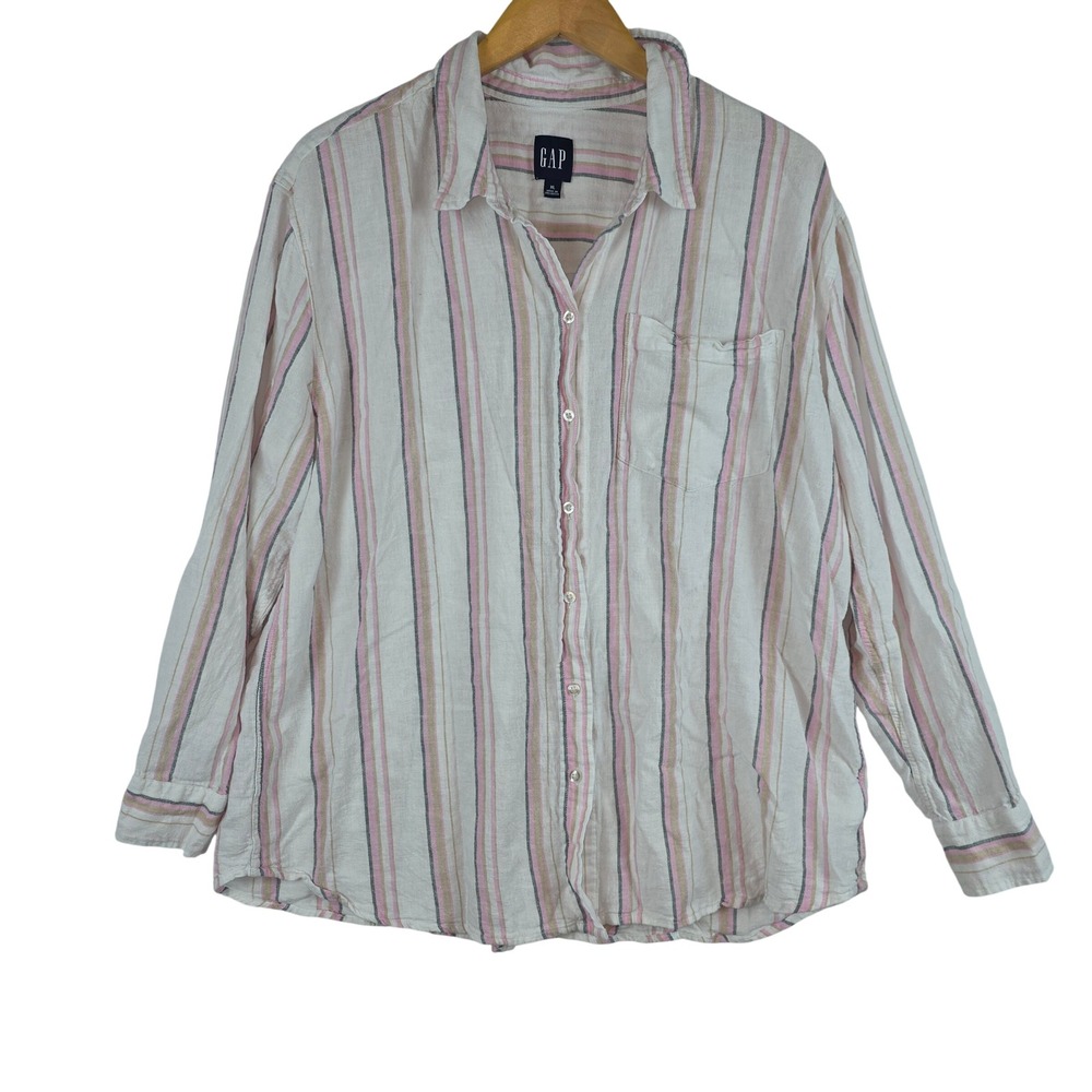 Gap Linen Button Down Shirt Women XL White Pink Stripe Workwear Office Casual